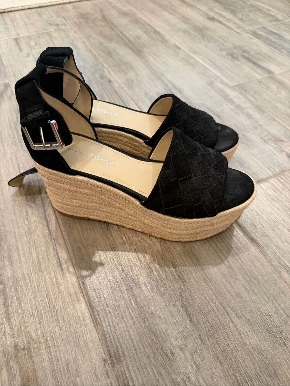 Marc Fisher Black Suede Woven Espadrille Platform Wedges